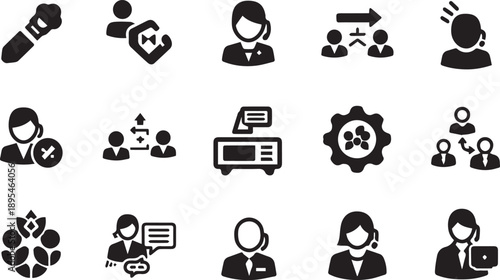 Set of Professional Customer Support and Corporate Communication Icons Featuring Call Center Agents and Team Collaboration Symbols