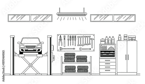 A detailed line drawing of a well organized garage or workshop with various tools and equipment