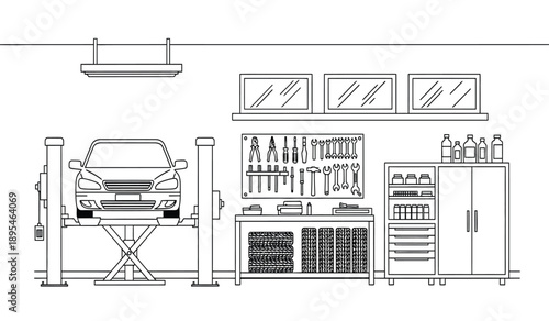 A detailed line drawing of a garage with a car on a lift and various tools and equipment on shelves and cabinets