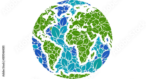 Earth Globe with Green Blue Leaves.