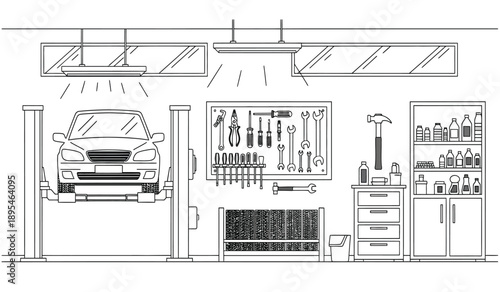 A detailed line drawing of a garage interior with car on lift and tool storage