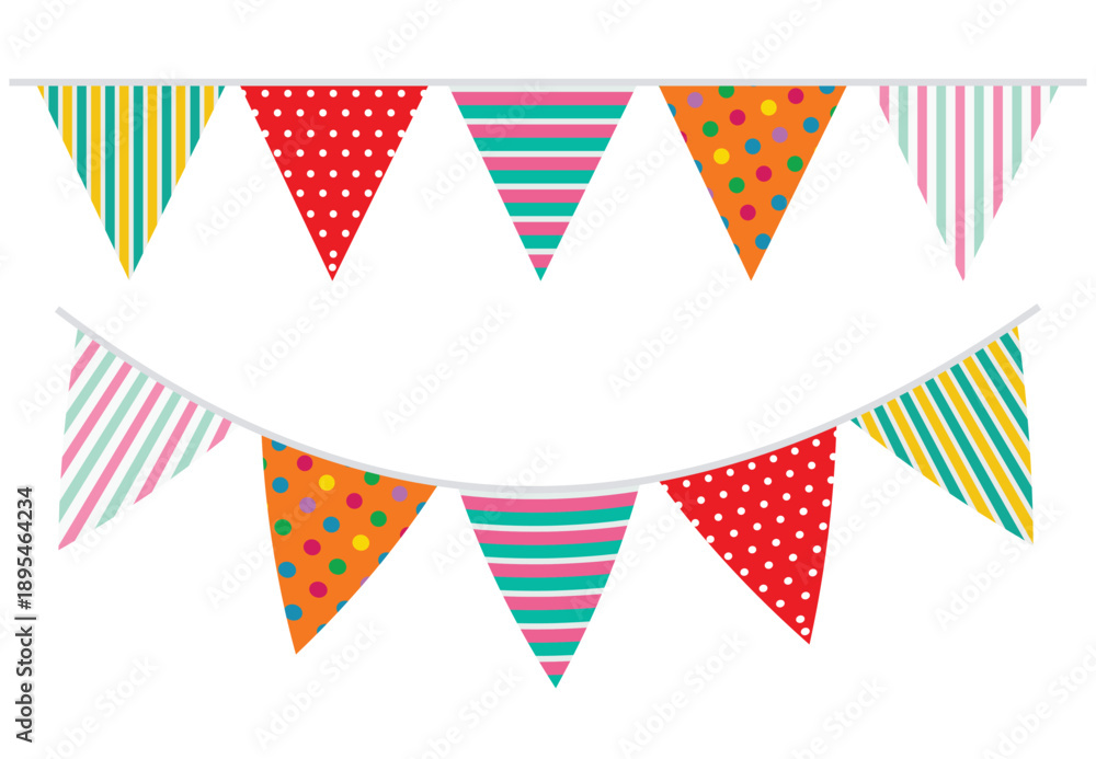 Obraz premium Bunting flags set with colorful stripes and polka dots pattern for party celebration decoration