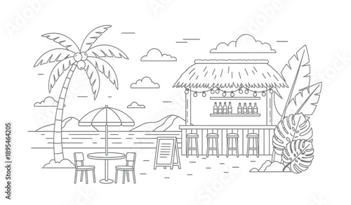 A serene beachside resort with palm trees and a thatched roof hut, featuring outdoor furniture and a tranquil ocean view