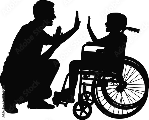 Father and child in wheelchair silhouettes giving high five isolated on white background for disability awareness, family support, inclusion and care concept design