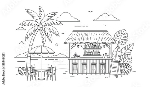 A black and white line drawing of a tropical beach hut with palm trees and people relaxing on the beach