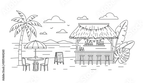 A black and white line drawing of a beach hut with palm trees and a table and chairs on the sand