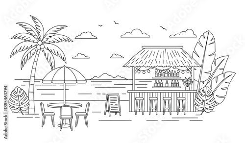 A serene beachside bar with a thatched roof and outdoor seating area under a palm tree and umbrella