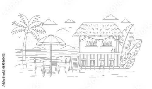 A serene beachside hut with a thatched roof and outdoor furniture on a sunny day with palm trees and a beach umbrella