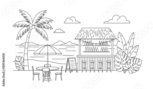 A black and white line drawing of a beach hut with palm trees and outdoor furniture