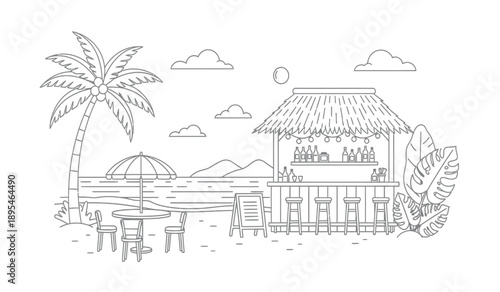 A serene beachside bar with a thatched roof and palm tree by the ocean at sunset with tables and chairs
