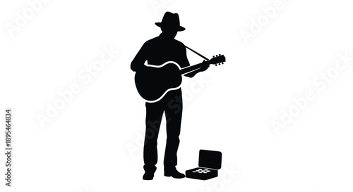 Silhouette of a musician playing guitar with an open instrument case