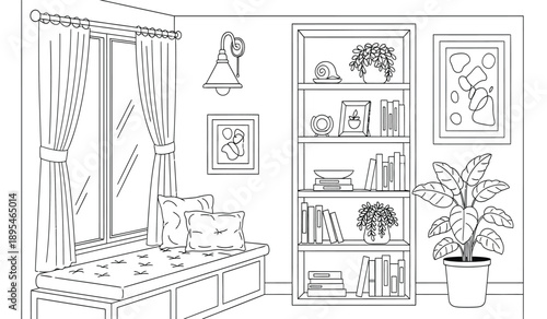 A black and white line drawing of a cozy room with a window seat, bookshelf, and potted plant