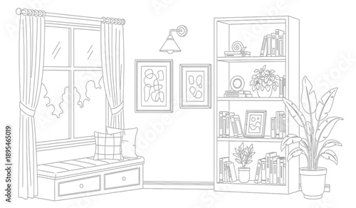 A line drawing of a cozy room with a window, bookshelf and potted plant