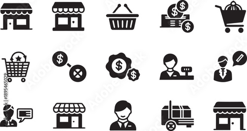 Set of Retail Business and Customer Service Icons Featuring Shop Fronts Checkout Counters and Cashier Personnel Symbols