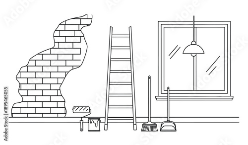 A line drawing of a room with a brick wall being built, a ladder, and various tools on the floor next to a window
