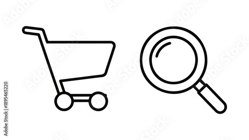 Shopping cart and magnifying glass icons for e-commerce and search services isolated on white background, Vector, illustration