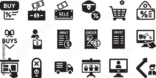 Set of E-commerce Transaction and Customer Loyalty Icons Featuring Secure Payments Gift Rewards and Retail Purchase Symbols