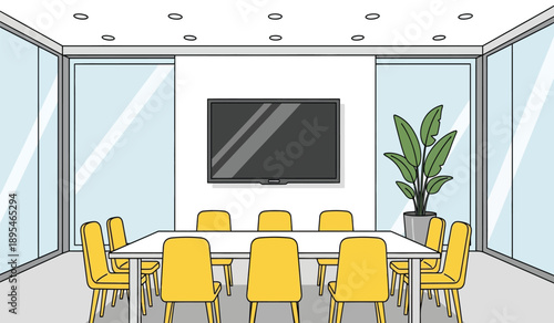 A modern conference room with a large screen and a plant on the table