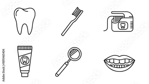 Dental hygiene icons: tooth, toothbrush, floss, toothpaste, mirror, and mouth isolated on white background, Vector, illustration