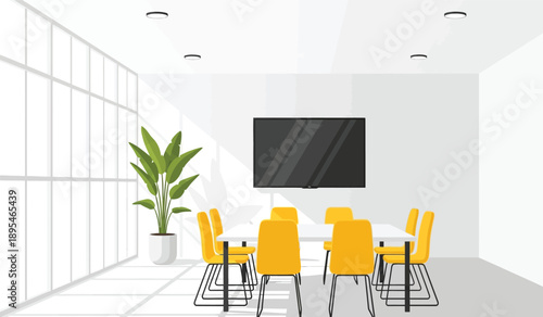 Modern office conference room with yellow chairs and a large screen on the wall