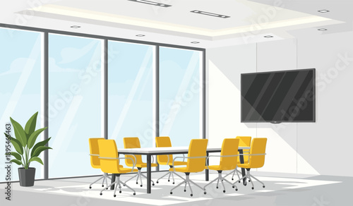 Modern office conference room with yellow chairs and large windows, sleek table and tv on wall, plant on floor