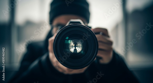 A photographer wearing a dark beanie is holding a professional camera directly towards the viewer, focusing on the lens.