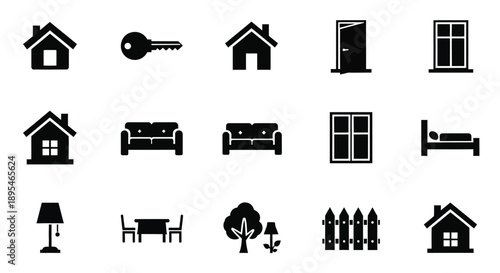 Black icons representing home furniture and security as a silhouette