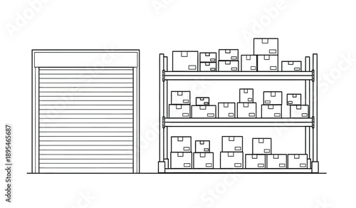 Detailed architectural drawing of a multilevel storage facility with shelving units and a large garage door on the left side