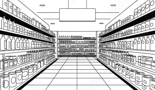 A black and white illustration of a grocery store aisle with shelves stocked with various products