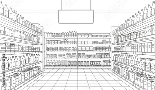 A detailed line drawing of a large retail store interior with shelves stocked with various products
