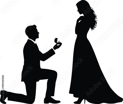 Marriage proposal silhouette illustration showing man kneeling and offering engagement ring to woman, romantic love moment and lifelong commitment concept, black vector design