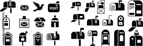 Mailbox and Postal Service Icons Set Featuring Mailboxes, Letters, Envelopes and Delivery Symbols for Communication, Shipping and Post Office Design