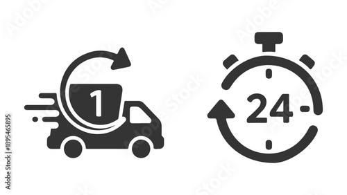Fast delivery icons: 1 day shipping and 24 hour service isolated on white background, Vector, illustration