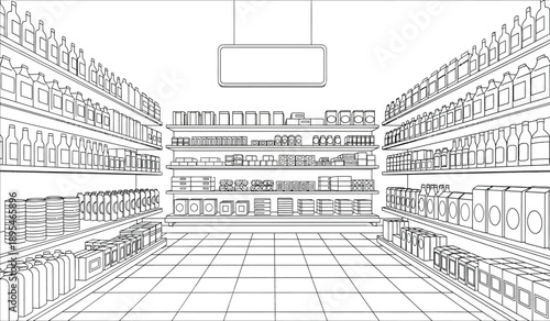 A detailed line drawing of a grocery store interior with shelves stocked with various products
