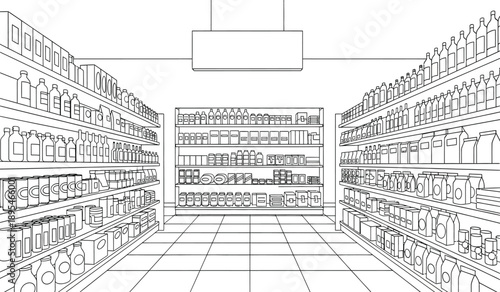 A black and white illustration of a large retail store with shelves stocked with various products