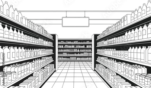 A black and white illustration of a grocery store aisle with shelves stocked with various products