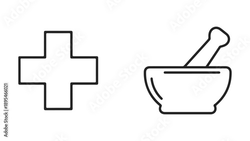 Cross symbol and mortar pestle icon representing healthcare and pharmacy isolated on white background, Vector, illustration