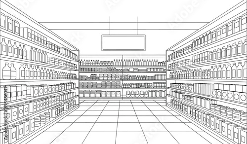 A detailed black and white line drawing of a large empty supermarket interior with shelves and a tiled floor