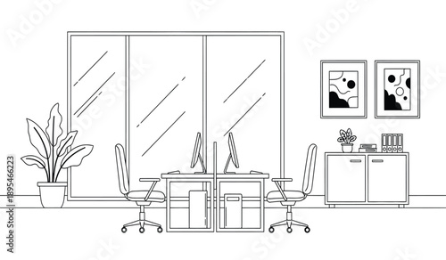 A minimalist office interior with two desks and chairs in front of a large window with a potted plant and framed pictures on the wall