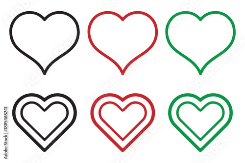 Outline Heart Icon Set, Love Line Symbols Collection, Black Red Green Heart Stroke Shapes, Romantic Valentine Vector Illustration for Design PNG SVG