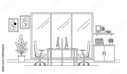 A black and white line drawing of an office interior with a desk and chairs in front of a large window