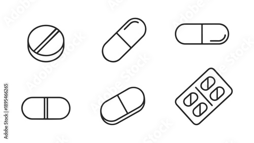 Collection of medicine icons: tablets, capsules and blister pack isolated on white background, Vector, illustration
