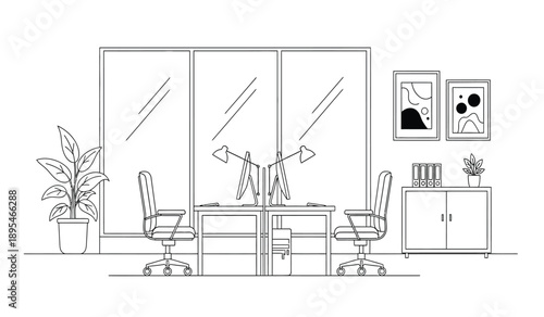 A line drawing of an office interior with a desk and two chairs in front of a window
