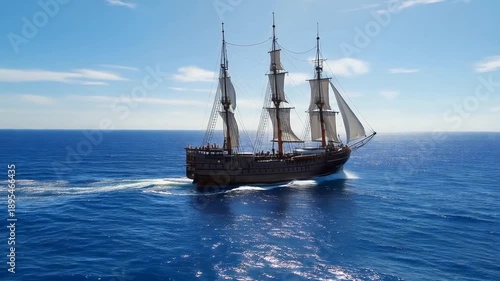 A large, old-fashioned sailing ship with three masts and billowing sails travels through calm, deep blue waters under a partly cloudy sky