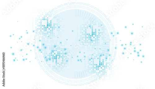 Blue Digital Sphere with Pixelated Core and Abstract Elements Keywords: digital, technology, sphere, abstract, blue, pixelated, core, data, futuristic, science, network, connection, information