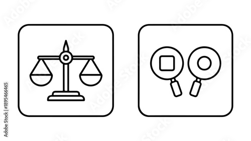 Scales of justice and magnifying glasses icons symbolizing law and investigation isolated on white background, Vector, illustration