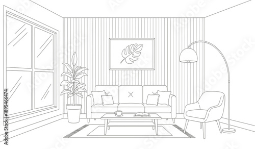 A line drawing of a cozy living room with furniture and decor