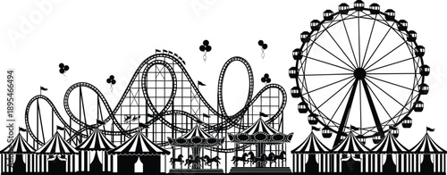 Amusement park silhouette with ferris wheel, roller coaster, carousel and circus tents in black vector illustration for carnival and fair design