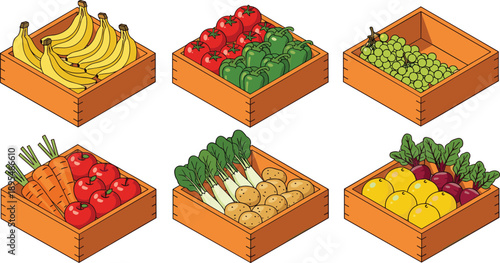 Fresh fruits and vegetables in wooden crates set with banana, tomato, grape, carrot, potato and citrus vector illustration