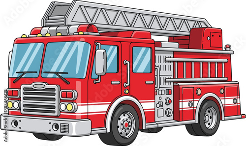 Fire truck emergency vehicle with ladder and equipment in cartoon style vector illustration for rescue service, safety and firefighting design